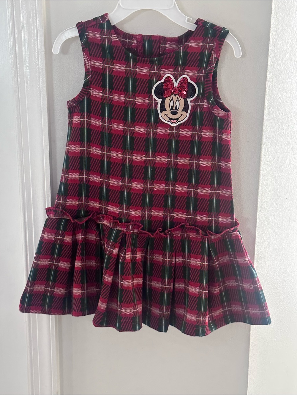 Disney 3T Girls Sleeveless Plaid Dress with Minnie Patch - Red & Green